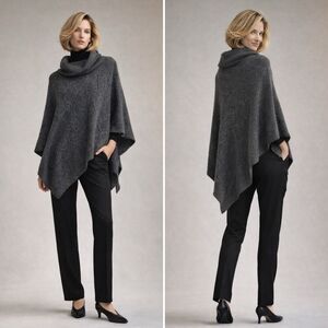 Neiman Marcus Cashmere Cable Knit Cowl Neck Poncho One Size Gray Old Money Cozy